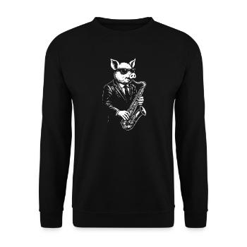 Schweinesaxophon-Maestro im Anzug - Unisex Pullover - Schwarz - Vorne - Alina (178cm) & Michal (187cm)