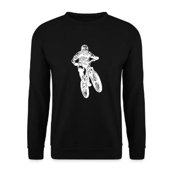 Mountainbiker springt mit Fahrrad - Unisex Pullover - Schwarz - Vorne - Alina (178cm) & Michal (187cm)