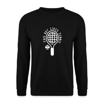 Junge spielt gerne Tennis, Ballsport, Sommersport - Unisex Pullover - Schwarz - Vorne - Alina (178cm) & Michal (187cm)