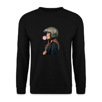 Coole Motorradfahrerin Bikerin kaut Kaugummi - Unisex Pullover - Schwarz - Vorne - Alina (178cm) & Michal (187cm)