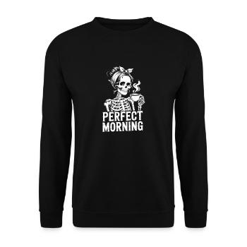 Perfekter Morgen mit Kaffee Skelett mit Kaffeepot - Unisex Pullover - Schwarz - Vorne - Alina (178cm) & Michal (187cm)