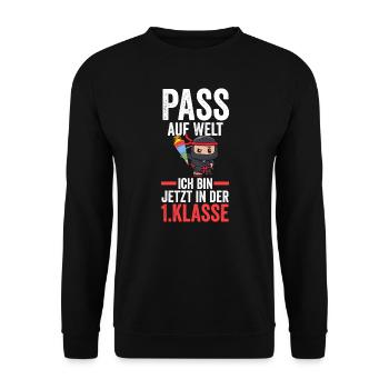 1.Klasse Ninja Schulanfänger Geschenk - Unisex Pullover - Schwarz - Vorne - Alina (178cm) & Michal (187cm)