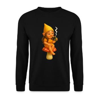 Kiffende Zwergin auf Pilz sitzend - Cannabis/Weed - Unisex Pullover - Schwarz - Vorne - Alina (178cm) & Michal (187cm)
