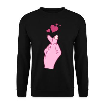 Finger Heart Korean Pop Music Hand Symbol - Unisex Pullover - Schwarz - Vorne - Alina (178cm) & Michal (187cm)