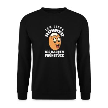 Ich liebe Hühner – die kacken Frühstück - Unisex Pullover - Schwarz - Vorne - Alina (178cm) & Michal (187cm)