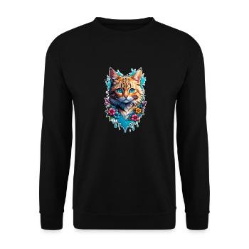 Katze und Blume Aquarell - Unisex Pullover - Schwarz - Vorne - Alina (178cm) & Michal (187cm)