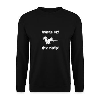 Hände weg von meinen Nüssen, paranoides Gun Nut Eichhörnchen - Unisex Pullover - Schwarz - Vorne - Alina (178cm) & Michal (187cm)