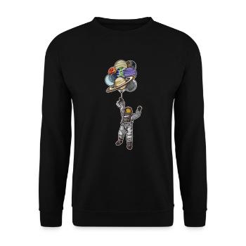 Astronaut mit Ballons die wie Planeten aussehen - Unisex Pullover - Schwarz - Vorne - Alina (178cm) & Michal (187cm)