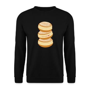 Drei Faschings Krapfen mit Puderzucker & Marmelade - Unisex Pullover - Schwarz - Vorne - Alina (178cm) & Michal (187cm)