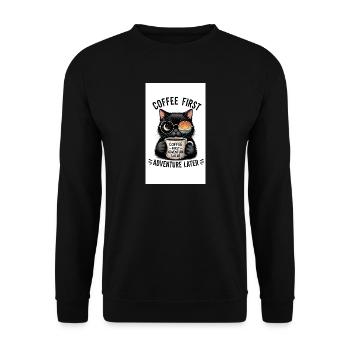 Kaffee zuerst, Abenteuer später Katze - Unisex Pullover - Schwarz - Vorne - Alina (178cm) & Michal (187cm)