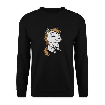 Sitzendes kleines Comic Pony - Unisex Pullover - Schwarz - Vorne - Alina (178cm) & Michal (187cm)