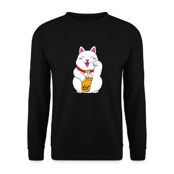 Maneki Neko Japan Glücksbringer Boba Tee - Unisex Pullover - Schwarz - Vorne - Alina (178cm) & Michal (187cm)