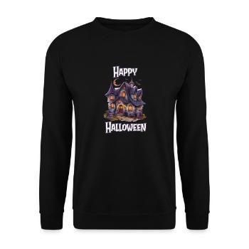 Halloween – Happy Halloween gruseliges Geisterhaus - Unisex Pullover - Schwarz - Vorne - Alina (178cm) & Michal (187cm)