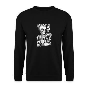 Perfekter Morgen mit Kaffee Skelett mit Kaffeepot - Unisex Pullover - Schwarz - Vorne - Alina (178cm) & Michal (187cm)
