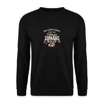 Wohnwagen Camping Zubehör Vintage Das Leben fängt - Unisex Pullover - Schwarz - Vorne - Alina (178cm) & Michal (187cm)
