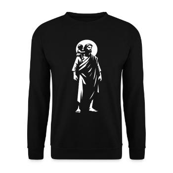Heiliger Christophorus Design – Das Jesuskind trag - Unisex Pullover - Schwarz - Vorne - Alina (178cm) & Michal (187cm)