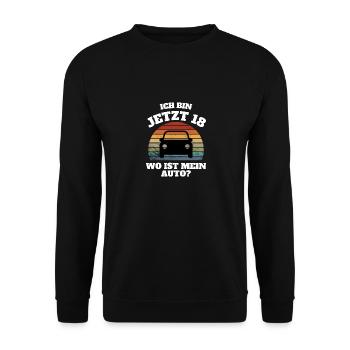Ich bin jetzt 18 wo ist mein Auto! 18. Geburtstag - Unisex Pullover - Schwarz - Vorne - Alina (178cm) & Michal (187cm)