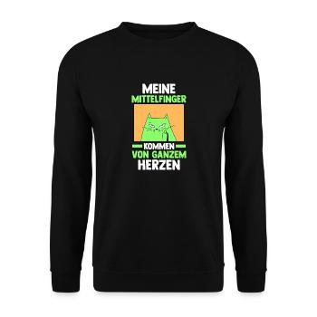 Katze Katzenbesitzer Katzenliebhaber Mittelfinger - Unisex Pullover - Schwarz - Vorne - Alina (178cm) & Michal (187cm)