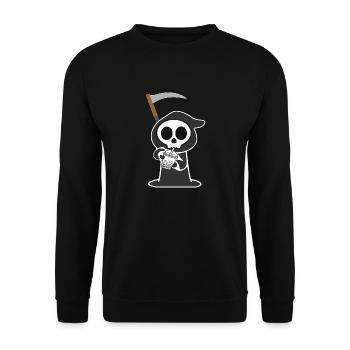 Halloween Sensenmann mit Sense und Bubbletea - Unisex Pullover - Schwarz - Vorne - Alina (178cm) & Michal (187cm)