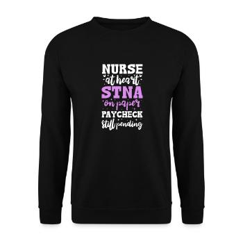 Nurse at heart STNA on paper Paycheck still - Unisex Sweatshirt - black - Front - Alina (178cm) & Michal (187cm)
