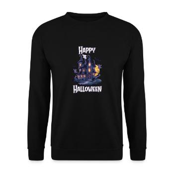 Halloween – Happy Halloween gruseliges Geisterhaus - Unisex Pullover - Schwarz - Vorne - Alina (178cm) & Michal (187cm)