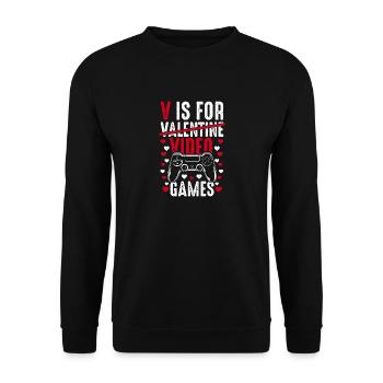 V steht für Video Spiele - Gamer Spruch lustig - Unisex Pullover - Schwarz - Vorne - Alina (178cm) & Michal (187cm)