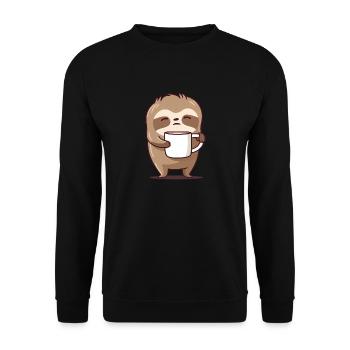 Faultier mit Tasse Spruch Vintage Morgenmuffel - Unisex Pullover - Schwarz - Vorne - Alina (178cm) & Michal (187cm)