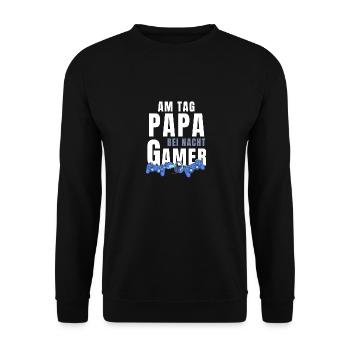 Papa am Tag Gamer bei Nacht Gaming Geschenk - Unisex Pullover - Schwarz - Vorne - Alina (178cm) & Michal (187cm)