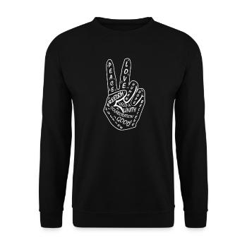 Peace, Love, Frieden. Friedenszeichen 2 Finger - Unisex Pullover - Schwarz - Vorne - Alina (178cm) & Michal (187cm)