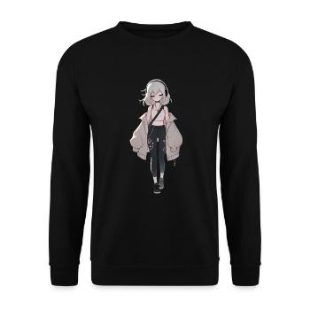 Anime Girl in stylischer Streetwear - Unisex Pullover - Schwarz - Vorne - Alina (178cm) & Michal (187cm)