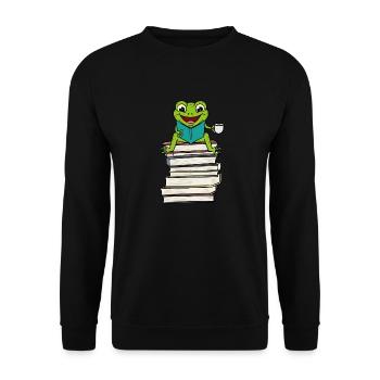 Frog sitting on Book Reading and drinking Coffee - Unisex Sweatshirt - black - Front - Alina (178cm) & Michal (187cm)