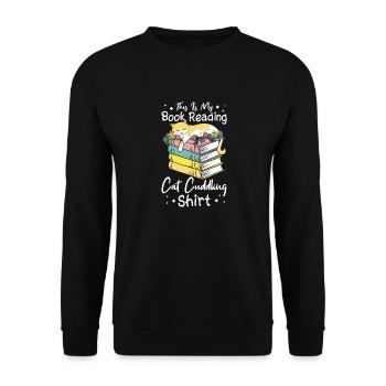 Katze Buchliebhaber Bücher Lesen - Unisex Pullover - Schwarz - Vorne - Alina (178cm) & Michal (187cm)