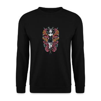 Gothic Tattooed Frau mit Kunstwerk und Rosen - Unisex Pullover - Schwarz - Vorne - Alina (178cm) & Michal (187cm)