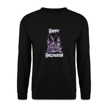 Halloween – Happy Halloween gruseliges Geisterhaus - Unisex Pullover - Schwarz - Vorne - Alina (178cm) & Michal (187cm)