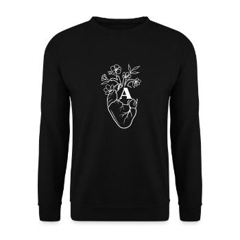 Buchstabe mit weißem Blumen-Anatomie-Herz - Unisex Pullover - Schwarz - Vorne - Alina (178cm) & Michal (187cm)