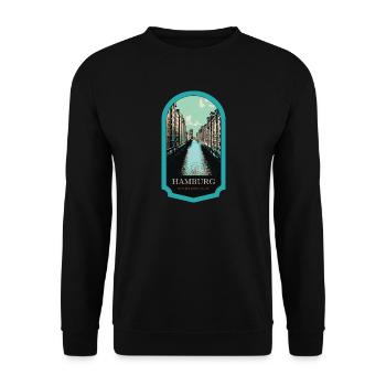 Speicherstadt: Historischer Charme in Hamburg - Unisex Pullover - Schwarz - Vorne - Alina (178cm) & Michal (187cm)