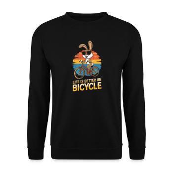 Verspielter Hase fährt Fahrrad mit Sonnenbrille - Unisex Pullover - Schwarz - Vorne - Alina (178cm) & Michal (187cm)