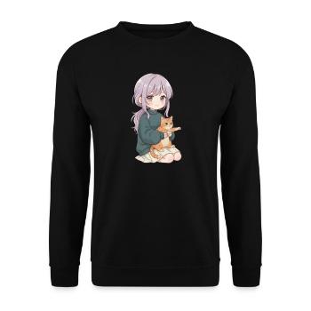 Anime Mädchen Katze Japan Kawaii Katzenliebhaber - Unisex Pullover - Schwarz - Vorne - Alina (178cm) & Michal (187cm)