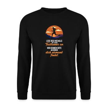 Lege dich nie mit Trailrunnern an - Unisex Pullover - Schwarz - Vorne - Alina (178cm) & Michal (187cm)