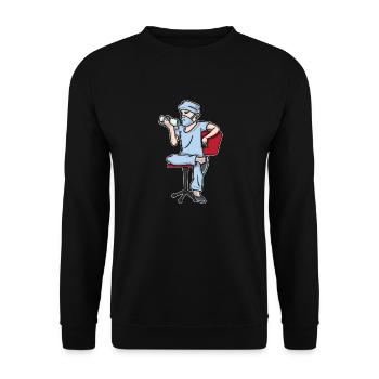 Arzt mit langweile auf Stuhl in der Pause - Unisex Pullover - Schwarz - Vorne - Alina (178cm) & Michal (187cm)