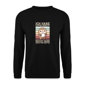 Kaffee Spuch Faultier Lustig Vintage Morgenmuffel - Unisex Pullover - Schwarz - Vorne - Alina (178cm) & Michal (187cm)