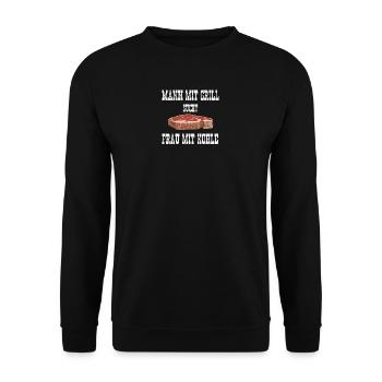 Mann mit Grill sucht Frau mit Kohle Singlegeschenk - Unisex Pullover - Schwarz - Vorne - Alina (178cm) & Michal (187cm)