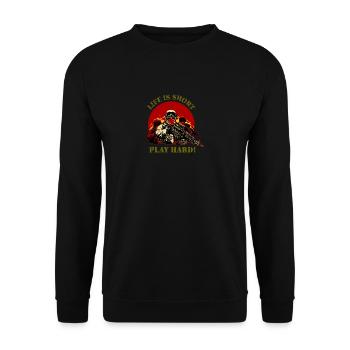 Nerd Gamer Designs play hard - Tees Paradise - Unisex Pullover - Schwarz - Vorne - Alina (178cm) & Michal (187cm)