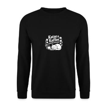 Katze und Kaffee und alles wird gut - Unisex Pullover - Schwarz - Vorne - Alina (178cm) & Michal (187cm)