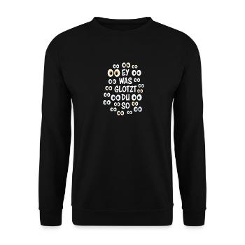 Lustiger Party-Spruch „Was glotzt Du so“ - Unisex Pullover - Schwarz - Vorne - Alina (178cm) & Michal (187cm)