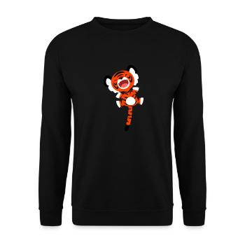 Hüpfender Tiger von Cheerful Madness!! - Unisex Pullover - Schwarz - Vorne - Alina (178cm) & Michal (187cm)