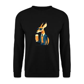 Cooler Fuchs mit Bier, Anzug und Sonnenbrille - Unisex Pullover - Schwarz - Vorne - Alina (178cm) & Michal (187cm)