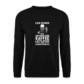 LKW Fahrer Fernfahrer Kaffee Musik Trucker - Unisex Pullover - Schwarz - Vorne - Alina (178cm) & Michal (187cm)