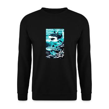Hai | Weißer Hai | Meerestier | Fisch - Unisex Pullover - Schwarz - Vorne - Alina (178cm) & Michal (187cm)