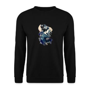 Geisha Aquarell Meer Wellen Asiatische Kunst Frau - Unisex Pullover - Schwarz - Vorne - Alina (178cm) & Michal (187cm)